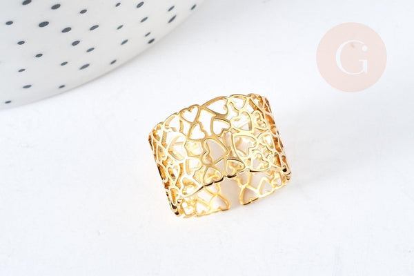 Bague réglable large coeurs acier doré 304 inoxydable IP taille 54, x1 (G8461)