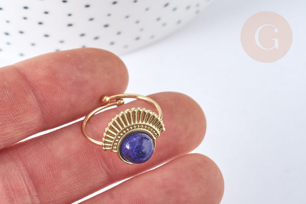 Bague réglable pierre de synthèse bleue acier inoxydable doré Taille 54, x1 (G7023)