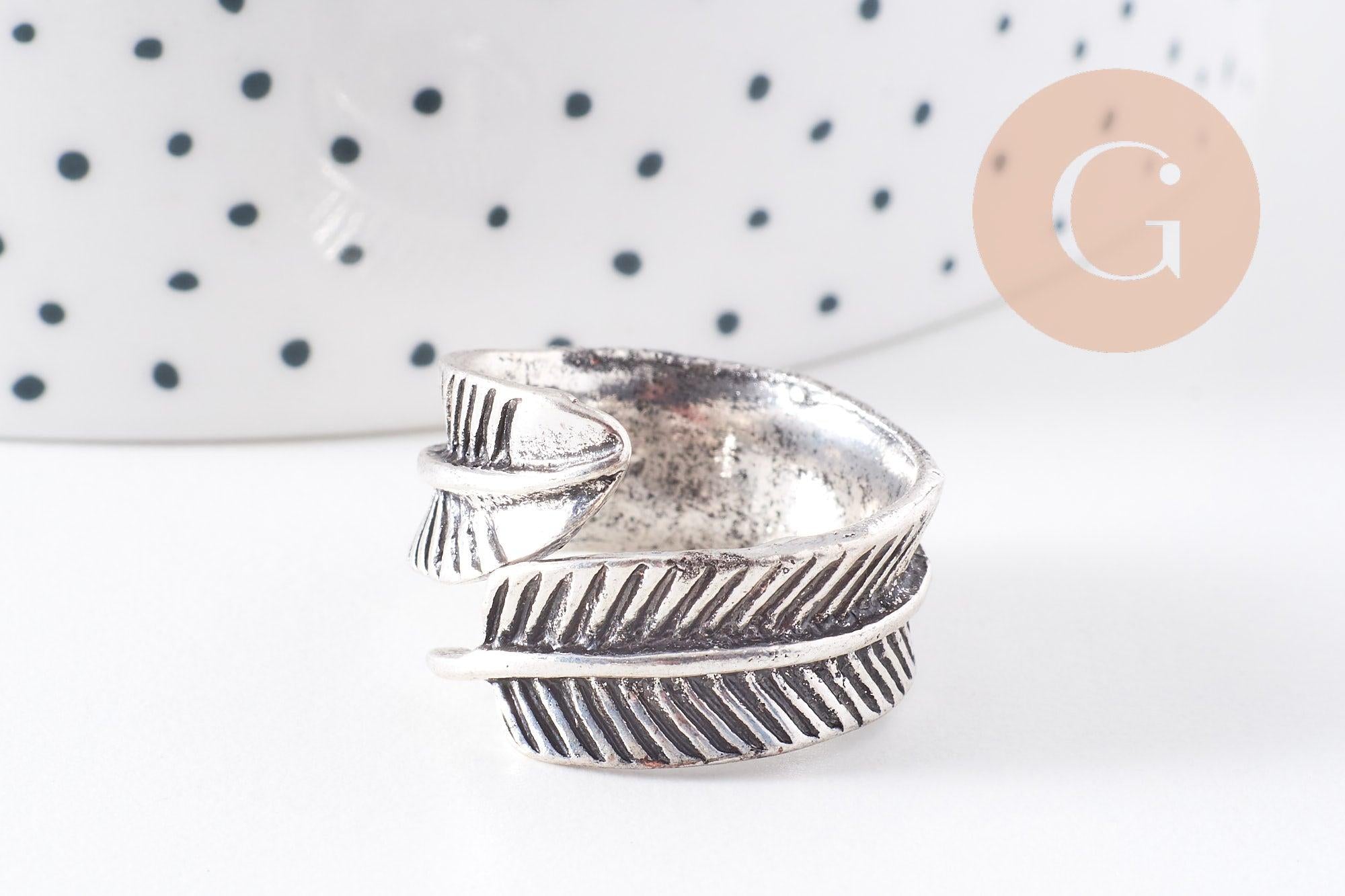 Bague réglable plume argenté 17mm, x1 (G0221)