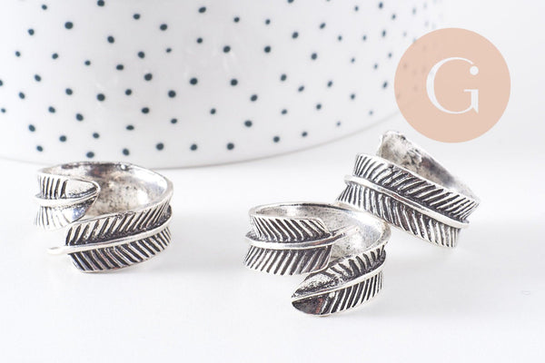 Bague réglable plume argenté 17mm, x1 (G0221)