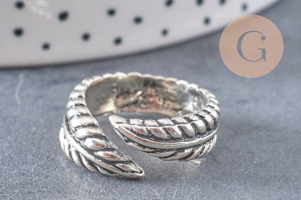 Bague réglable plume argenté 17mm, x1 (G0446)