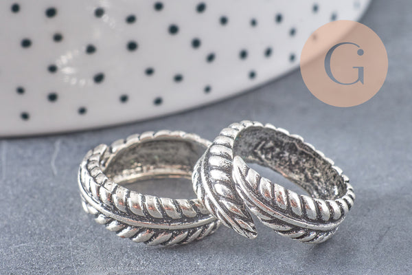 Bague réglable plume argenté 17mm, x1 (G0446)