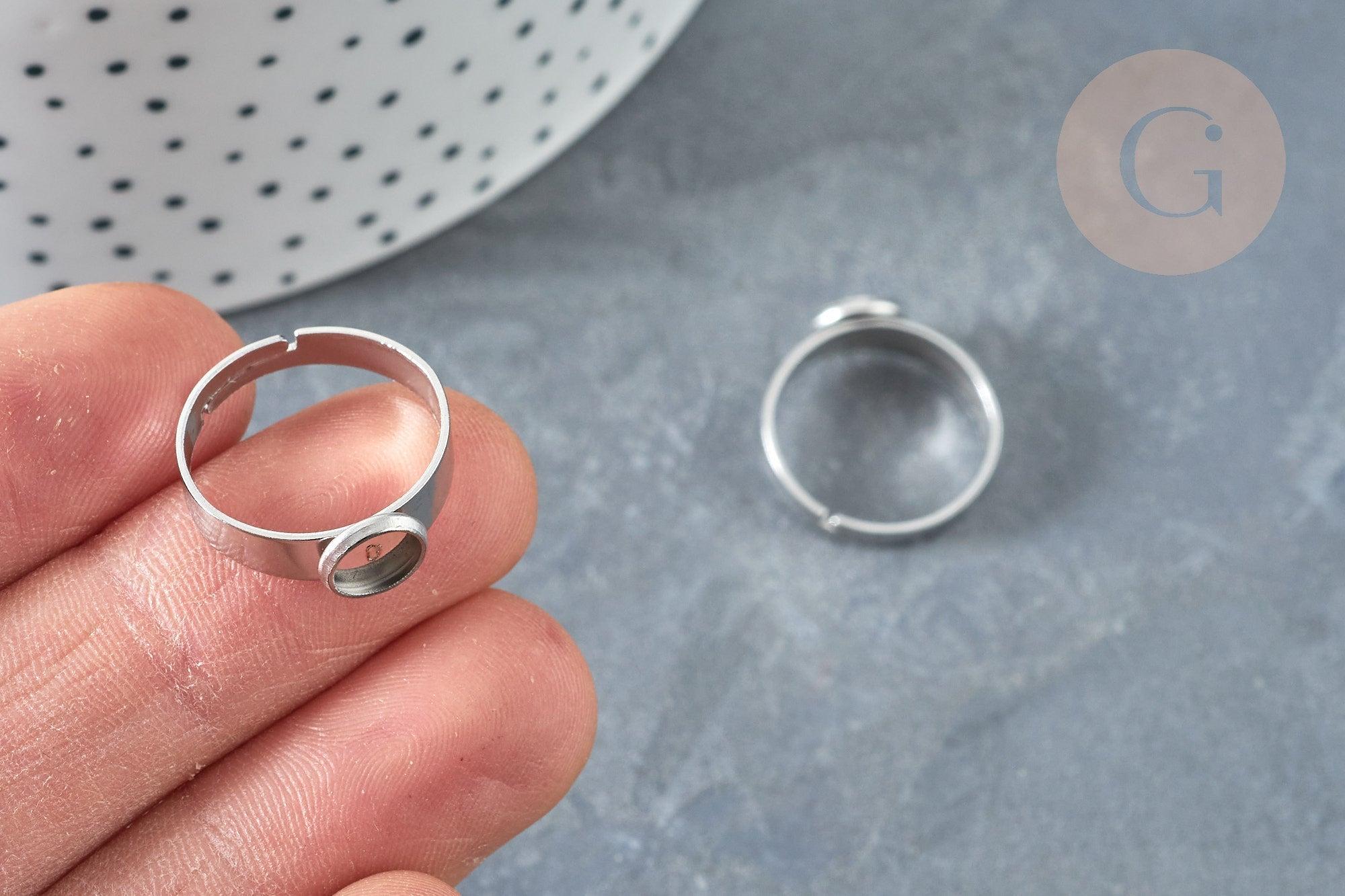Bague réglable pour cabochon 6mm en acier platine inoxydable 17-18mm, x2 (G8227)