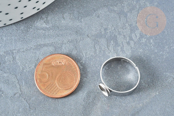 Bague réglable pour cabochon 6mm en acier platine inoxydable 17-18mm, x2 (G8227)
