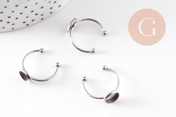 Bague réglable pour cabochon 8mm acier platine inoxydable 18mm, x1 (G10936)