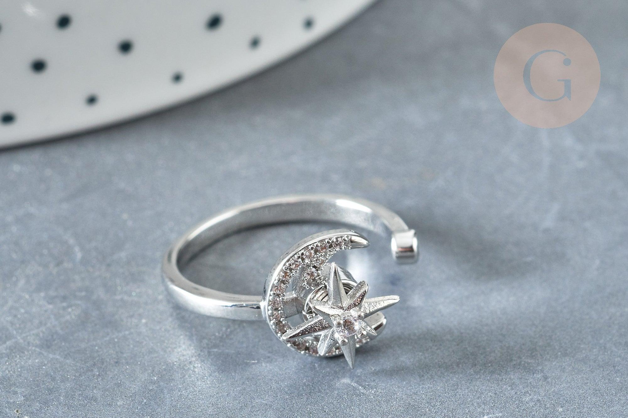 EP-Bague réglable rotative lune étoile laiton platine zircon blanc 16.9mm, x1 (G8031)