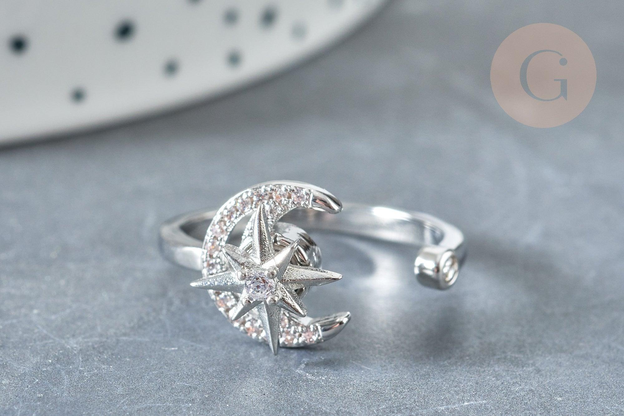 EP-Bague réglable rotative lune étoile laiton platine zircon blanc 16.9mm, x1 (G8031)