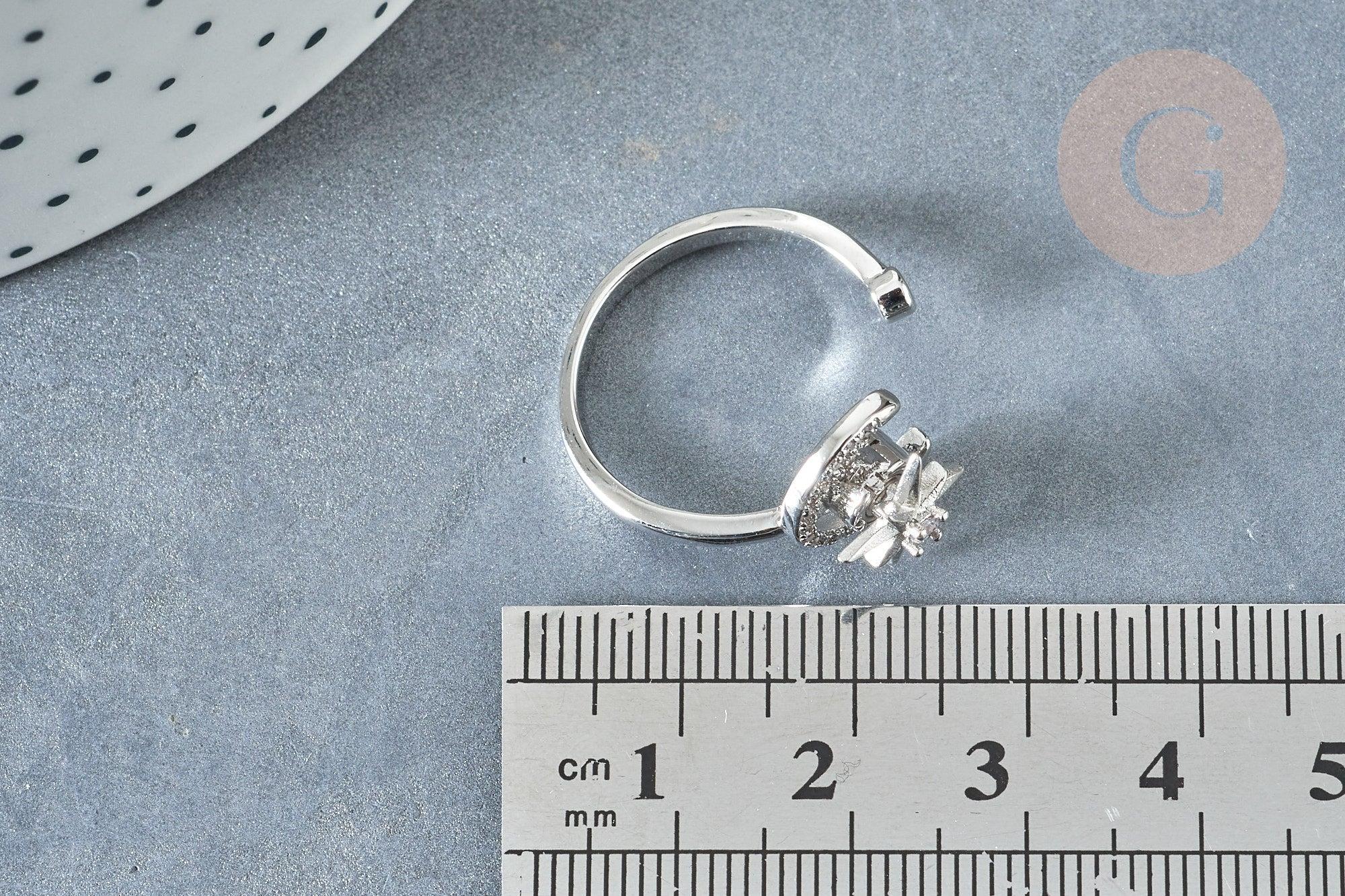 EP-Bague réglable rotative lune étoile laiton platine zircon blanc 16.9mm, x1 (G8031)