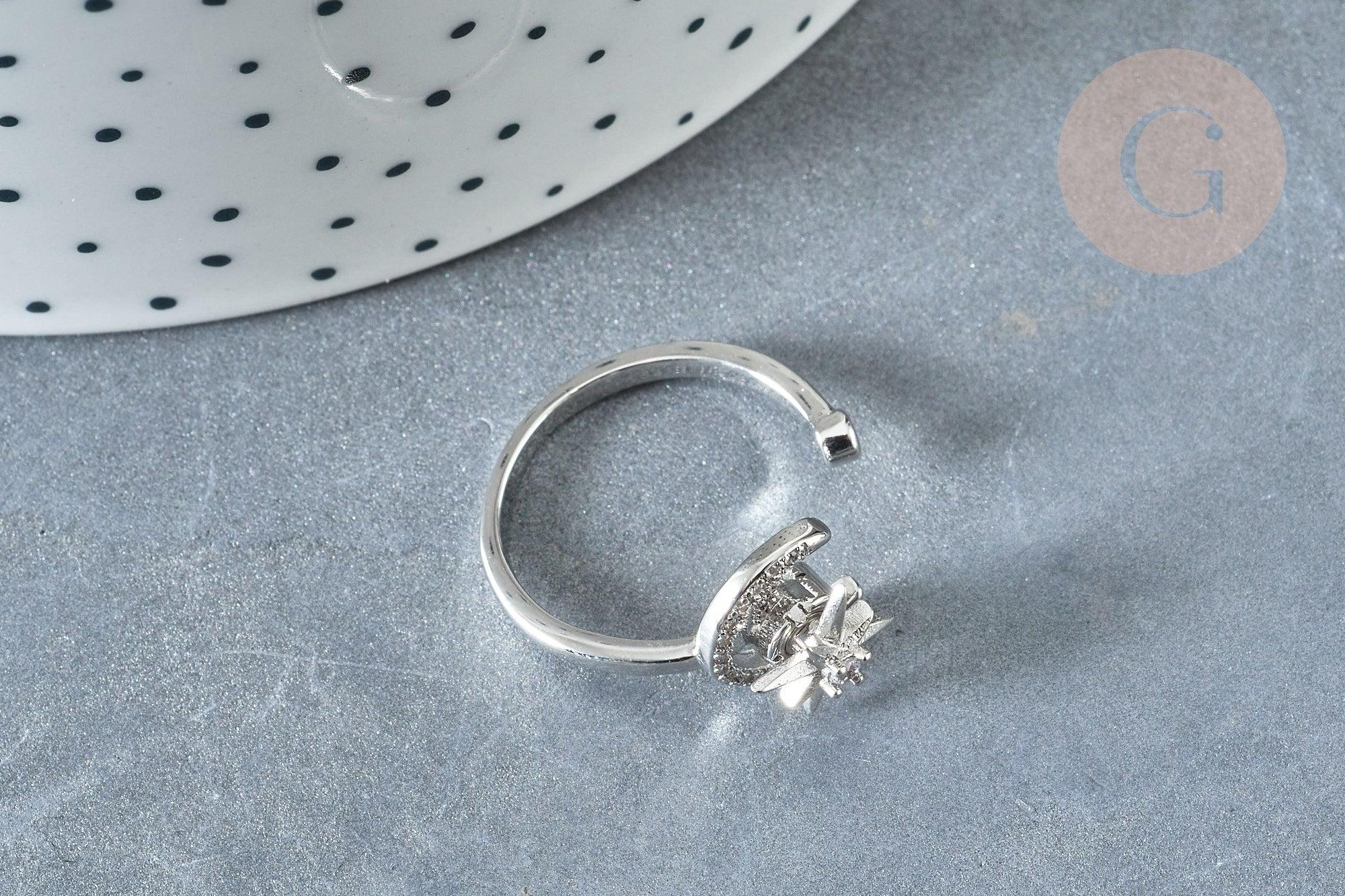 EP-Bague réglable rotative lune étoile laiton platine zircon blanc 16.9mm, x1 (G8031)