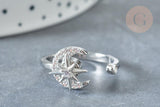 Bague réglable rotative lune étoile laiton platine zircon blanc 18mm, x1 (G8031)