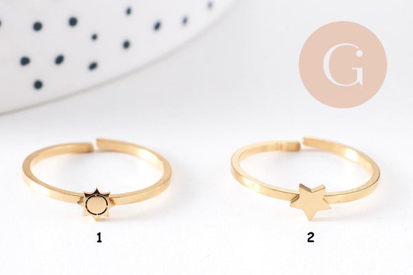 Bague réglable soleil ou étoile acier doré 304 inoxydable, x1 (G10356)