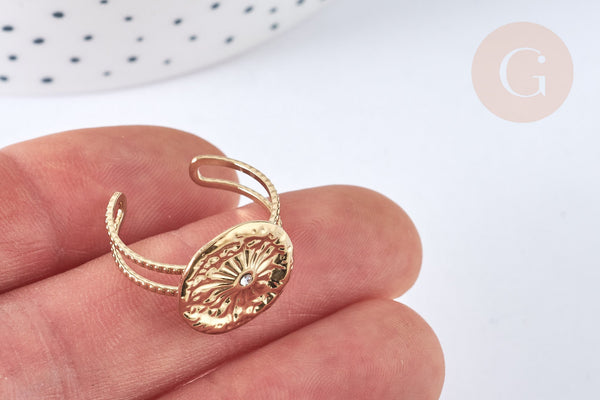 Bague réglable soleil zircon acier 304 inoxydable doré 304 Taille 54, x1 (G7016)