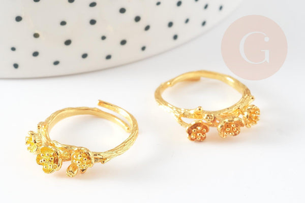 Bague réglable trois marguerites laiton doré 17mm, x1 (G0560)