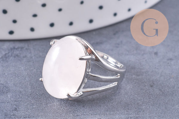 Bague réglable zamac argenté quartz rose 18mm, x1 (G5903)