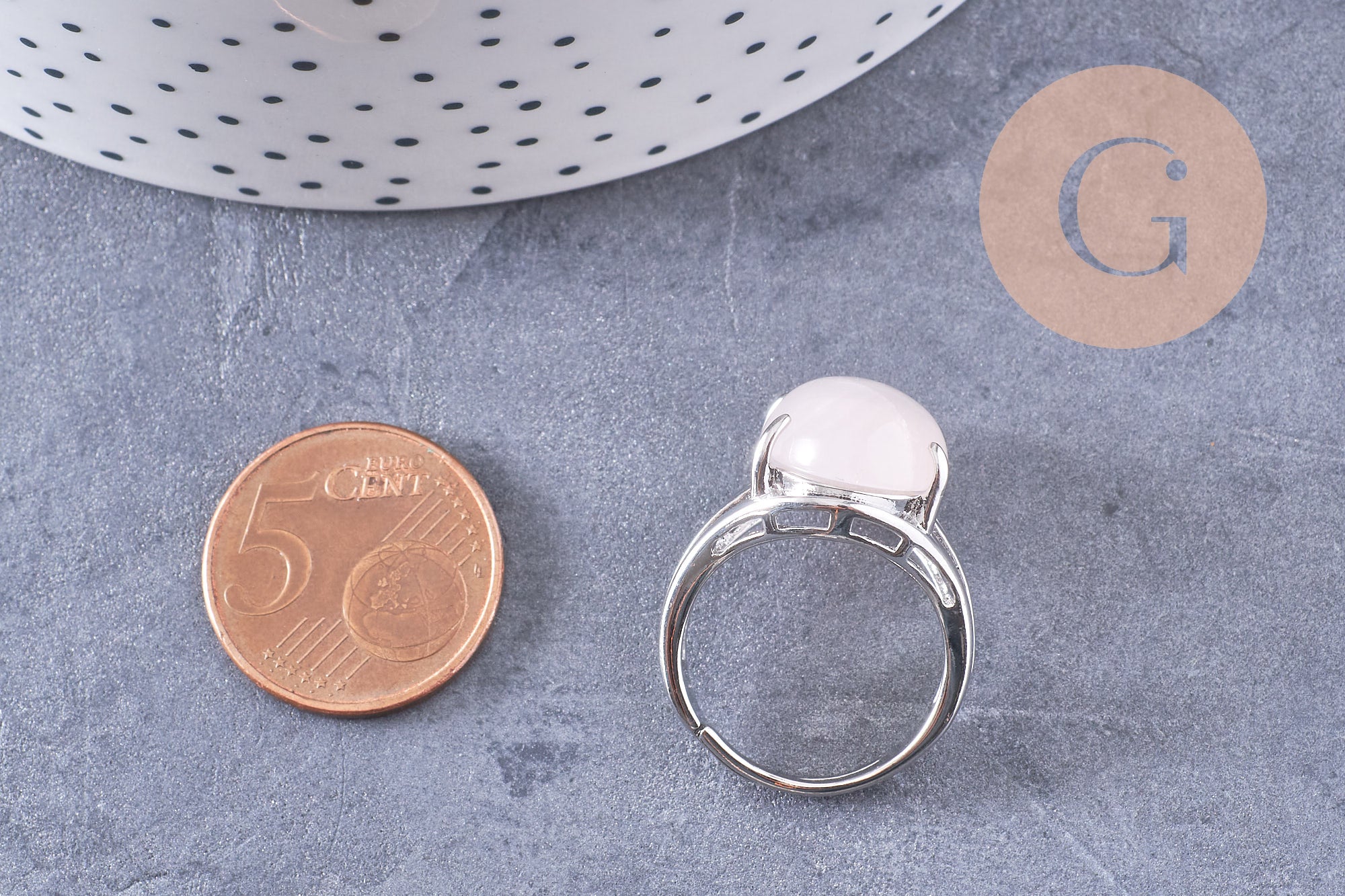 Bague réglable zamac argenté quartz rose 18mm, x1 (G5903)