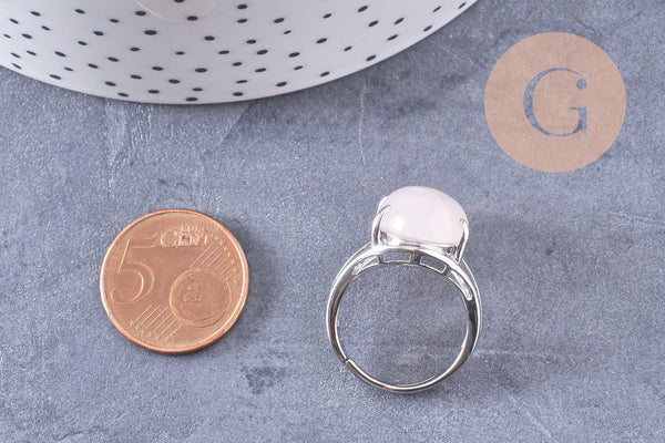 Bague réglable zamac argenté quartz rose 18mm, x1 (G5903)