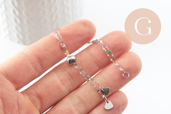 Base bracelet fin résine colorée acier 304 platine avec anneaux 23mm, x1 (G9681)