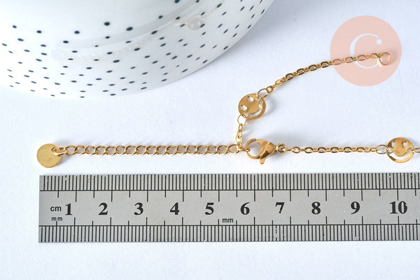 Base de bracelet ajustable maille forçat smiley fantaisie en acier doré 14k 14cm, sans nickel, bracelet en acier doré inoxydable, x1 (G5971)