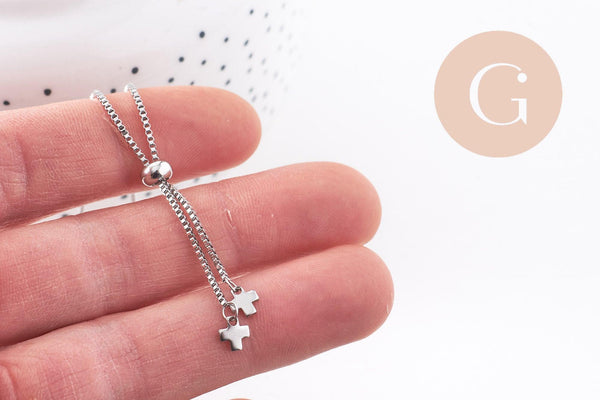 Base de bracelet chaine carré maille vénitienne réglable acier 304 inoxydable platine 1mm-21.8cm, avec frein x1 (G9495)