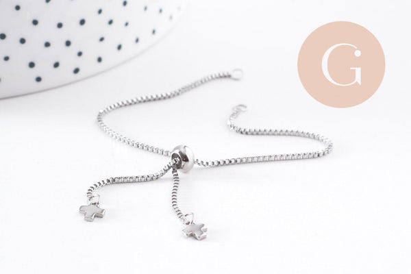 Base de bracelet chaine carré maille vénitienne réglable acier 304 inoxydable platine 1mm-21.8cm, avec frein x1 (G9495)