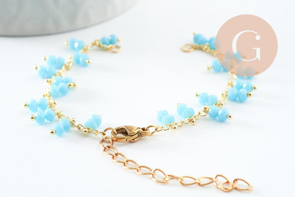 Base de bracelet chaine cheville laiton doré et perles verre turquoise 16.2cm, x1 (G9590)