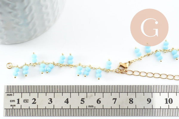 Base de bracelet chaine cheville laiton doré et perles verre turquoise 16.2cm, x1 (G9590)