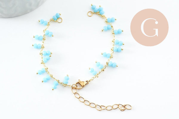 Base de bracelet chaine cheville laiton doré et perles verre turquoise 16.2cm, x1 (G9590)