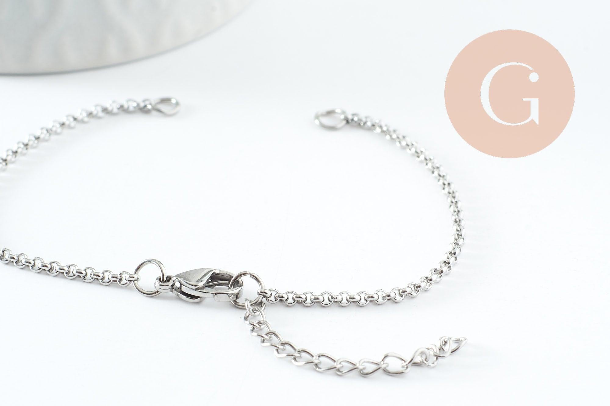 Base de bracelet chaine rolo acier 304 inoxydable platine 2.5mm-16.5cm, x1 (G9483)