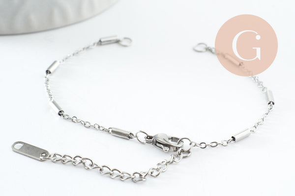 Base de bracelet fine maille tube acier inoxydable 304 platine avec anneaux 15.8mm, x1 (G9498)