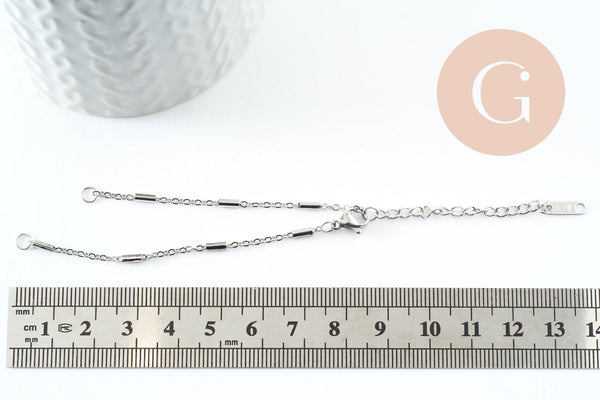 Base de bracelet fine maille tube acier inoxydable 304 platine avec anneaux 15.8mm, x1 (G9498)