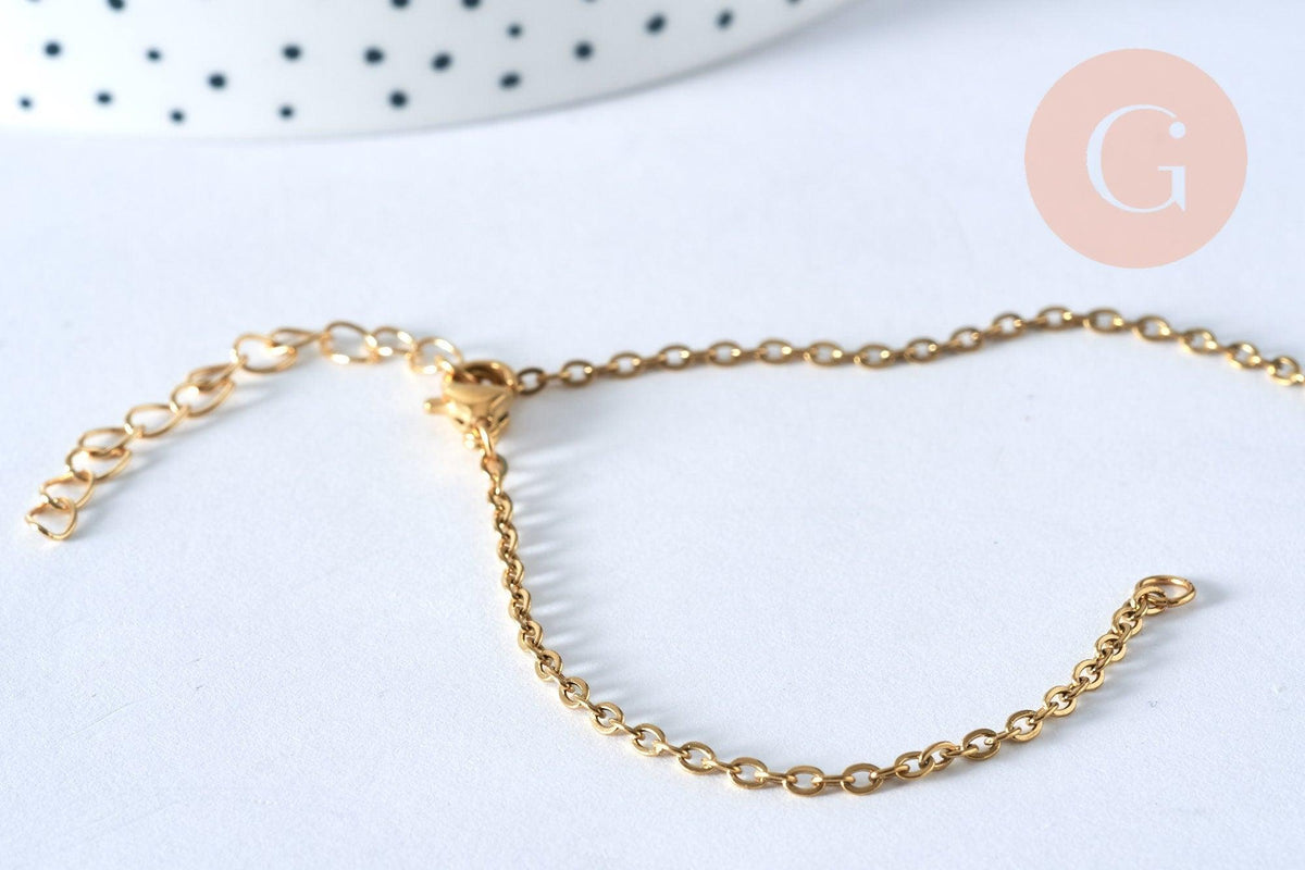 Base de bracelet fine maille acier 304 inoxydable doré 14k avec anneaux 18cm, x1 (G5436)