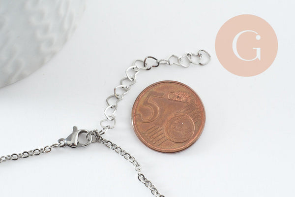Base de bracelet maille forçat acier inoxydable 304 platine avec anneaux et chaine d'extension coeurs 18mm, x1 (G9499)