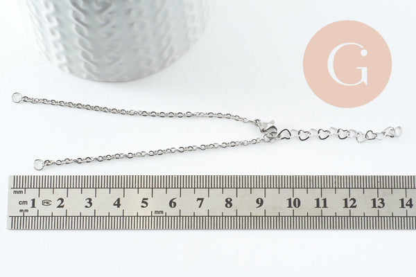 Base de bracelet maille forçat acier inoxydable 304 platine avec anneaux et chaine d'extension coeurs 18mm, x1 (G9499)