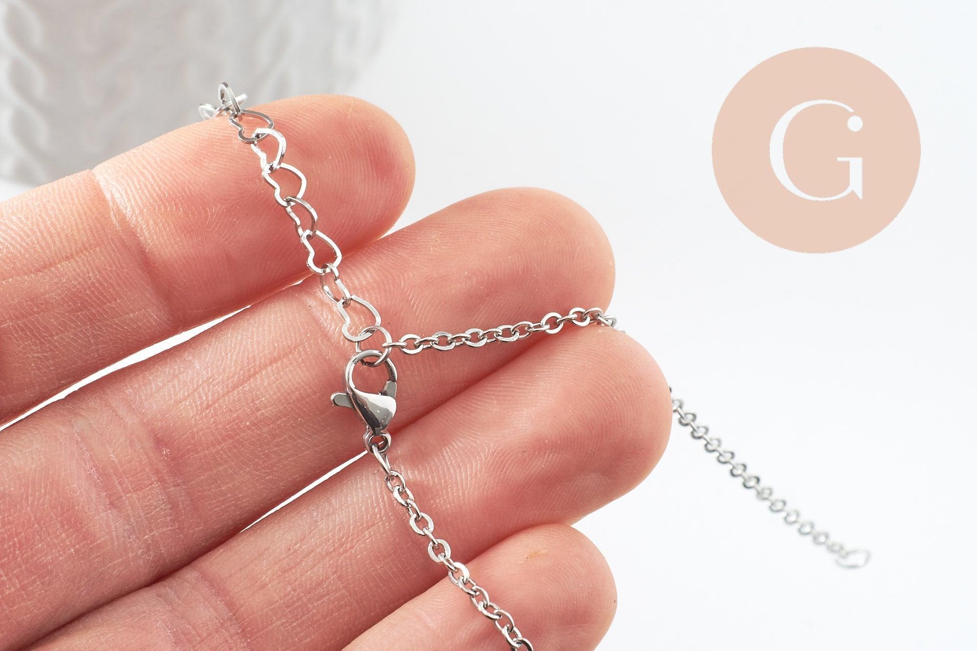 Base de bracelet maille forçat acier inoxydable 304 platine avec anneaux et chaine d'extension coeurs 18mm, x1 (G9499)