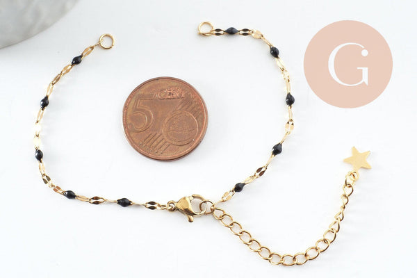 Base de bracelet réglable chaine acier 304 doré inoxydable résine noire 16.2cm, x1 (G9592)