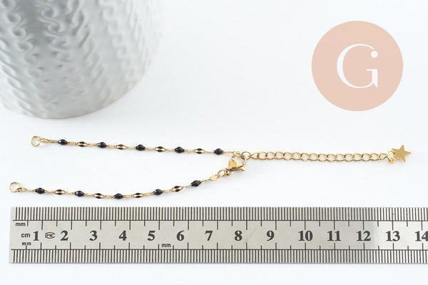 Base de bracelet réglable chaine acier 304 doré inoxydable résine noire 16.2cm, x1 (G9592)