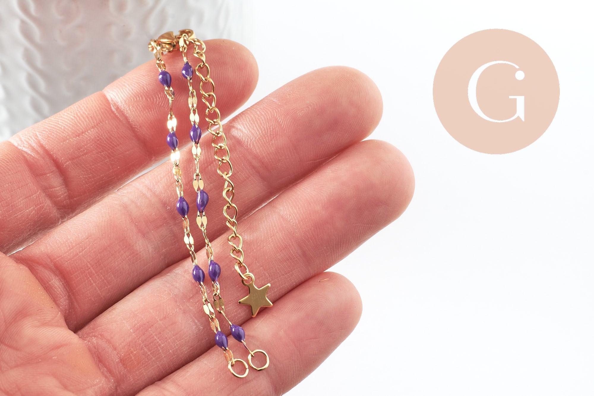 Base de bracelet réglable chaine acier 304 doré inoxydable résine violette 16.2cm, x1 (G9593)