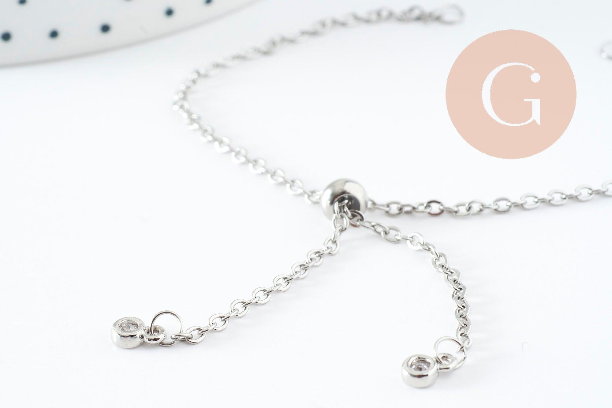 Base de bracelet réglable chaine forçat acier inoxydable platine finition zircon 2mm/ 26.6cm, x1 (G10230)