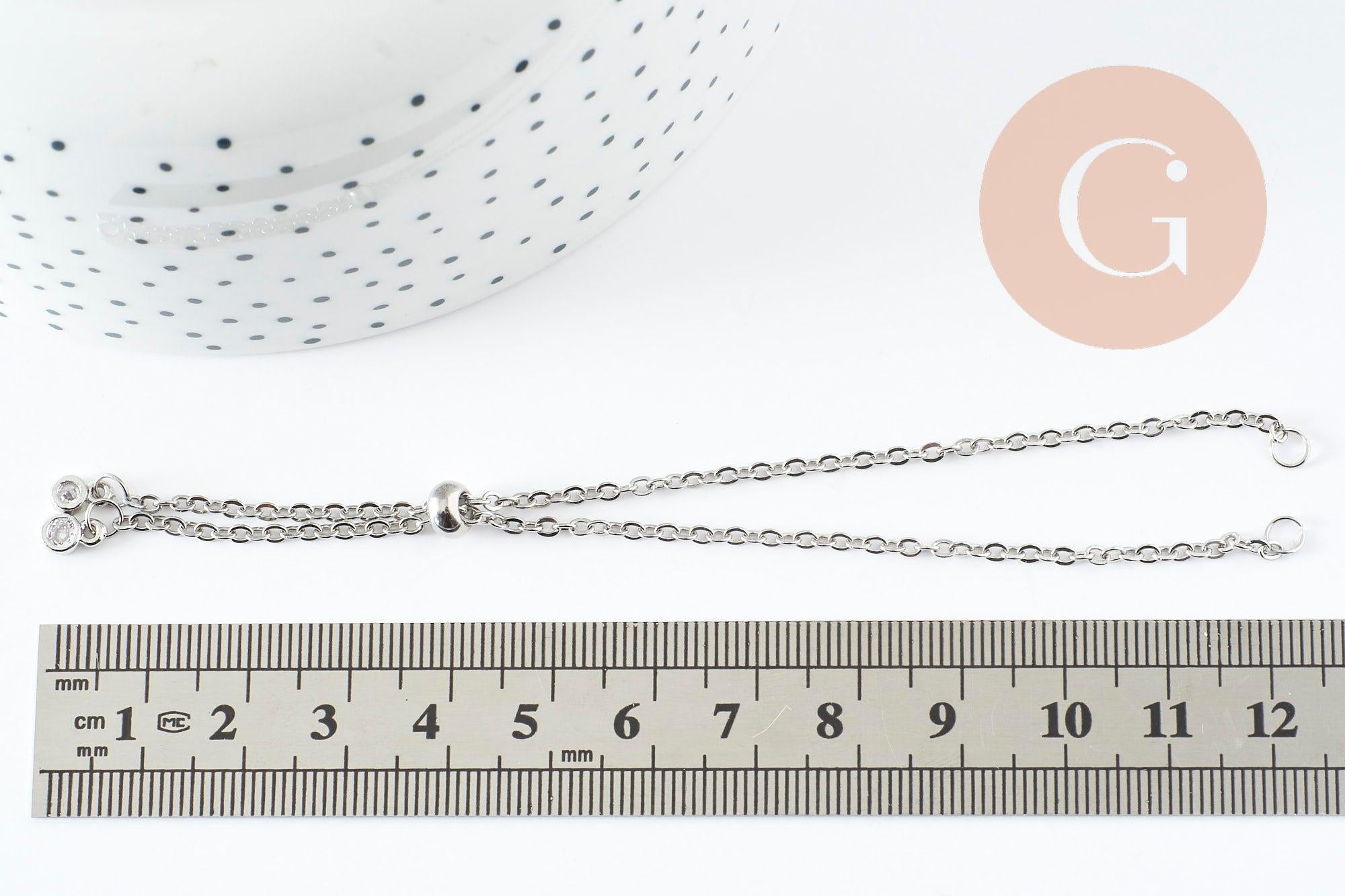 Base de bracelet réglable chaine forçat acier inoxydable platine finition zircon 2mm/ 26.6cm, x1 (G10230)