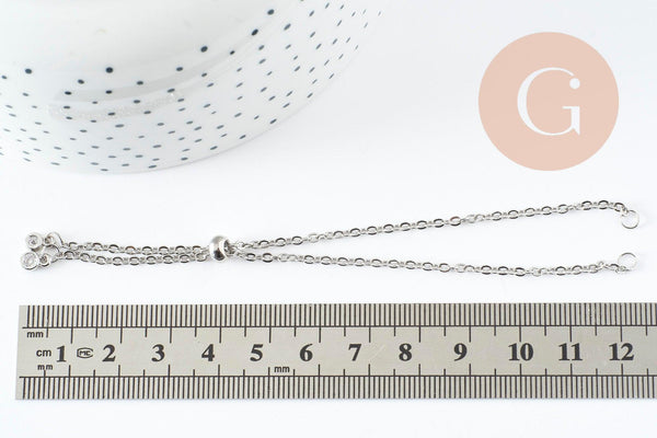 Base de bracelet réglable chaine forçat acier inoxydable platine finition zircon 2mm/ 26.6cm, x1 (G10230)