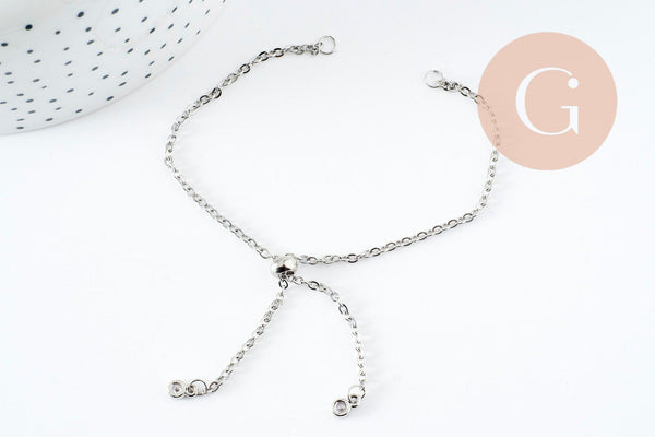 Base de bracelet réglable chaine forçat acier inoxydable platine finition zircon 2mm/ 26.6cm, x1 (G10230)
