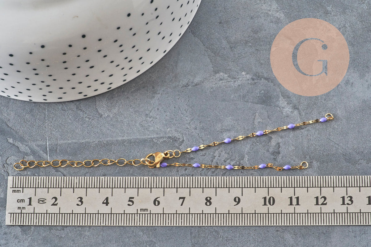 Base de bracelet réglable chaine résine violette acier 304 inoxydable doré 14.3cm, x1 (G11364)-Bracelets-Gingerlily Perles