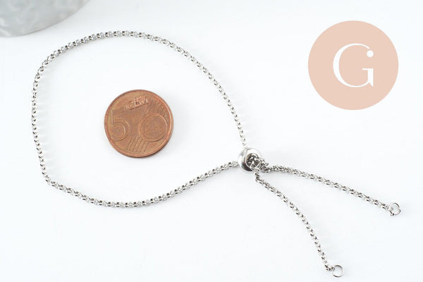 Base de bracelet réglable chaine rollo acier inoxydable platine 2mm/ 30.5cm, x1 (G9492)