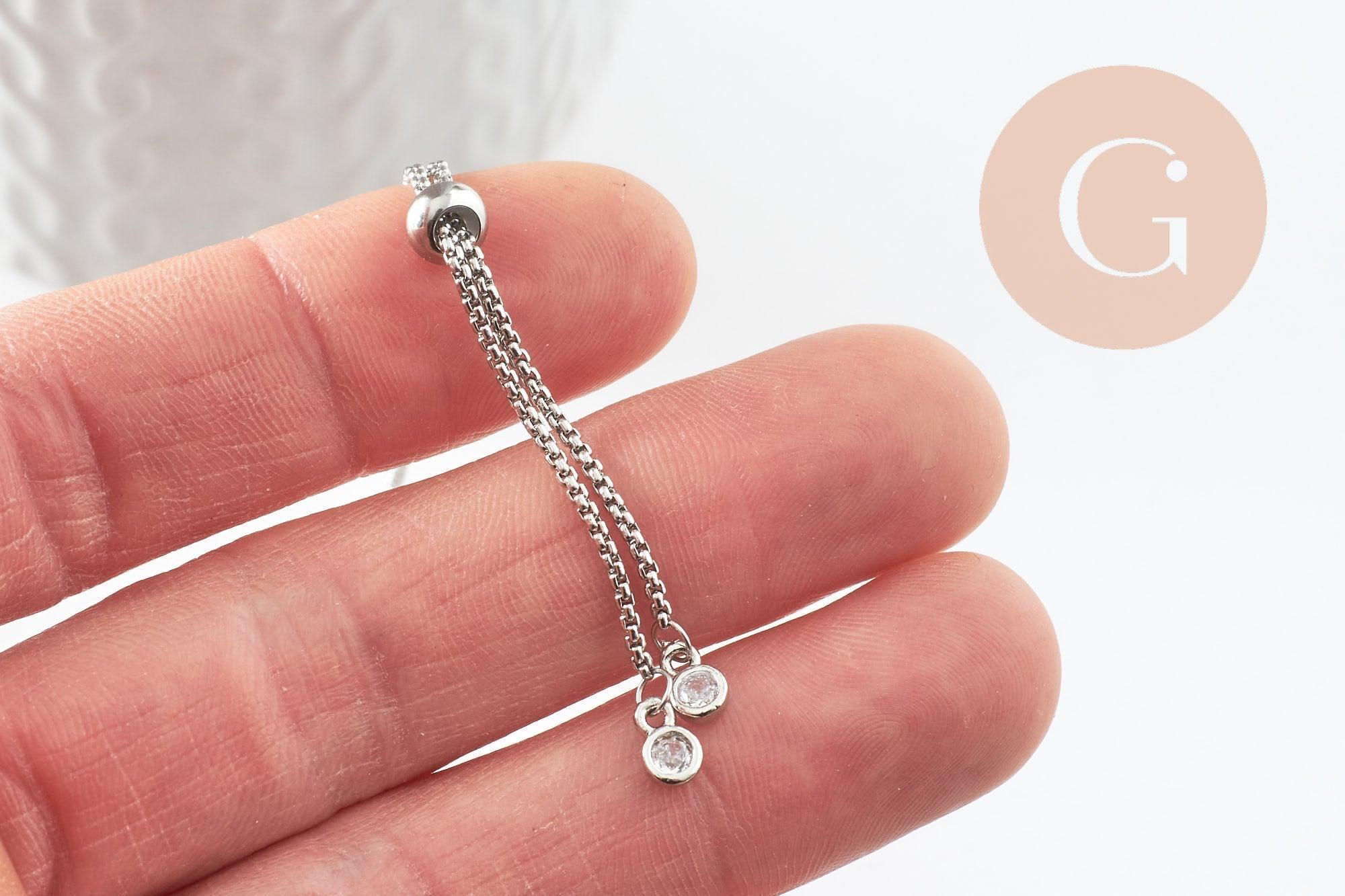 Base de bracelet réglable chaine rolo acier inoxydable platine finition zircon 1.2mm/ 26.6cm, x1 (G9493)