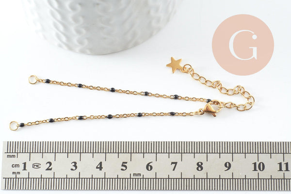 Base de bracelet réglable chaine satellite acier 304 doré inoxydable résine noire 16.5cm, x1 (G9594)