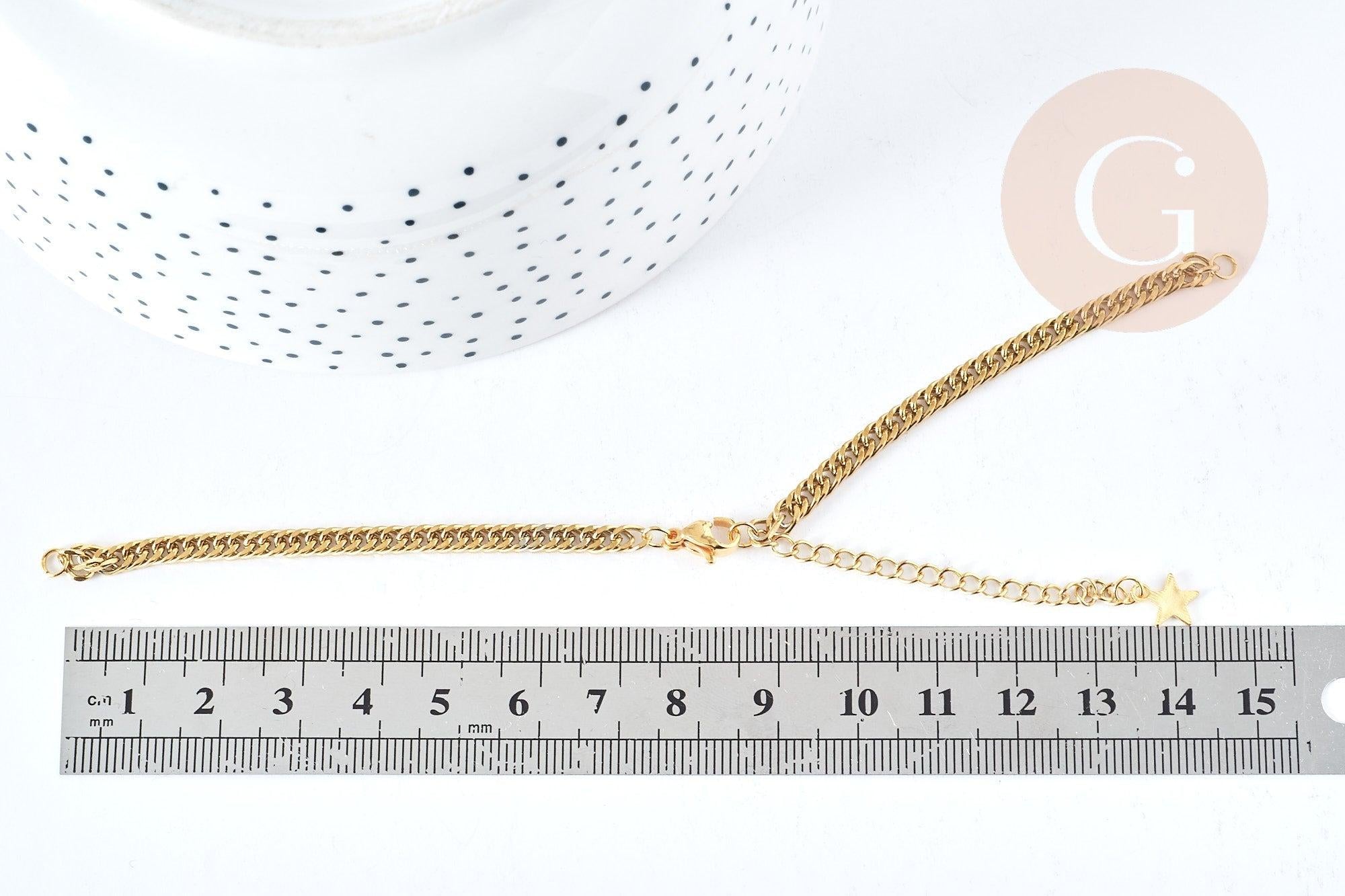 Base de bracelet réglable maille plate diamantée acier doré 304 inoxydable 16cm, acier doré inoxydable, x1 (G8625)