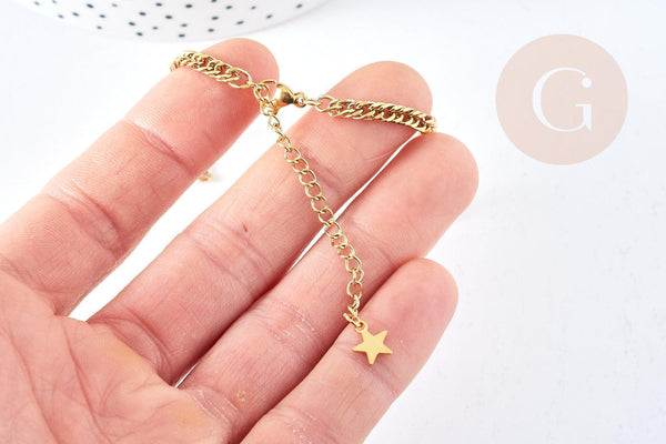 Base de bracelet réglable maille plate diamantée acier doré 304 inoxydable 16cm, acier doré inoxydable, x1 (G8625)