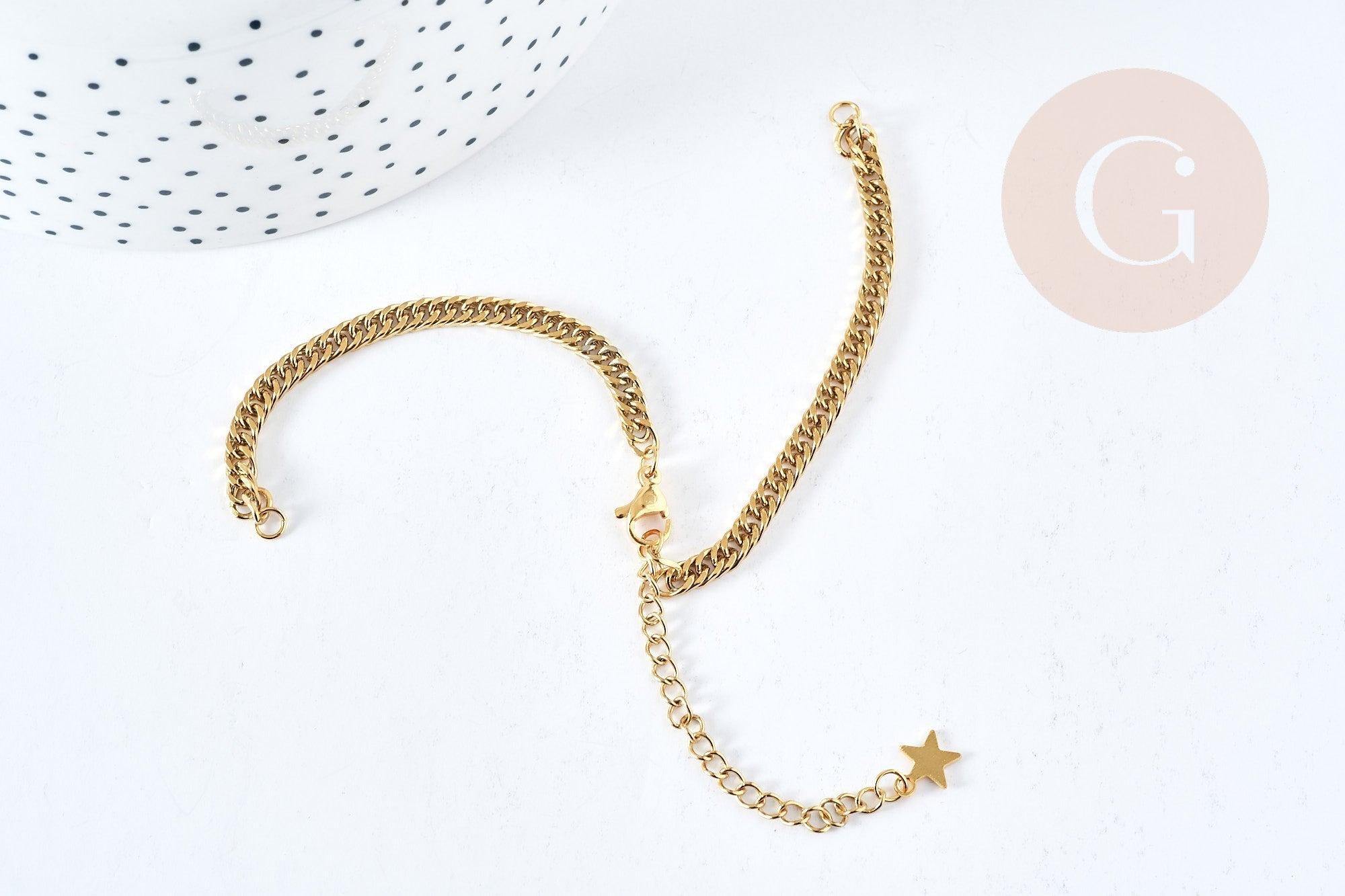 Base de bracelet réglable maille plate diamantée acier doré 304 inoxydable 16cm, acier doré inoxydable, x1 (G8625)