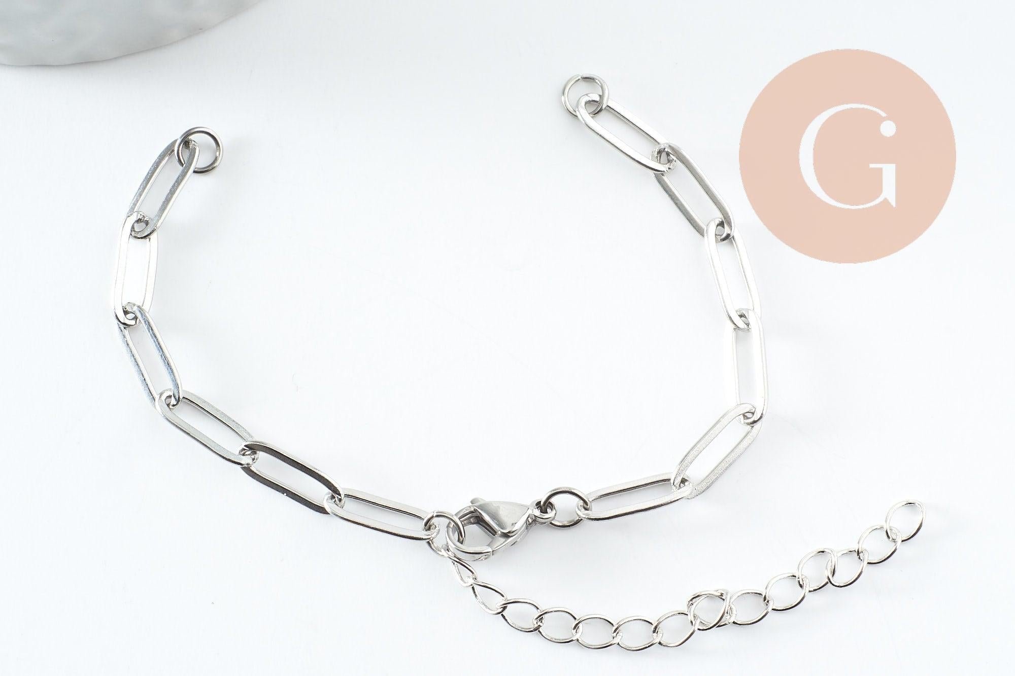 Base de bracelet unisexe chaine rectangle acier 304 inoxydable platine 4mm-14.5cm, x1 (G9497)