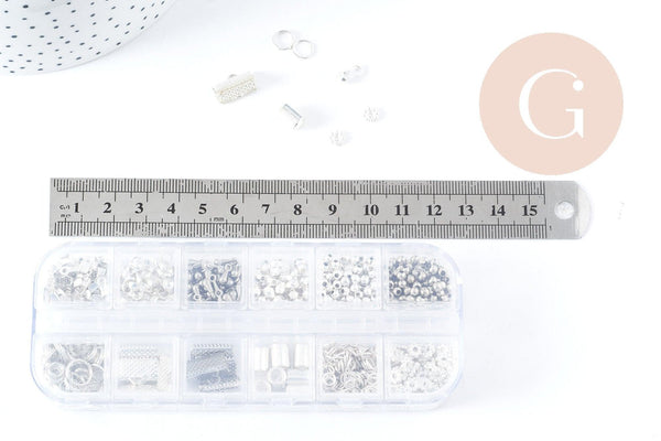 Boite Kit mix de 12 types de fournitures et perles zamac laiton Argent Platine, x1 (G8844)